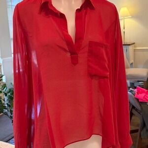 Red sheer button down blouse flowy lightweight top Olivaceous M